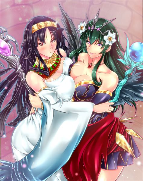 Yamaneko Isis Pandd Persephone Pandd Puzzle And Dragons Highres 2girls Bare Shoulders Black