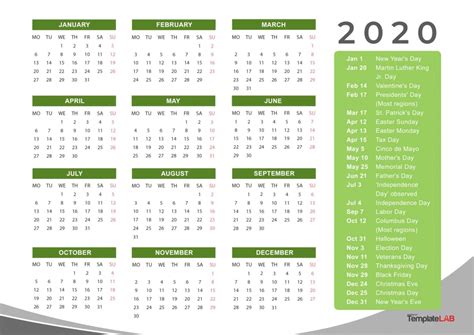 2020 Calendar With Holidays Printable Free Letter Templates