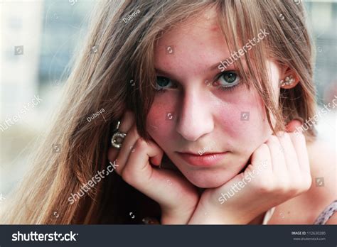 Face Portrait Sad Young Girl Stock Photo 112630280