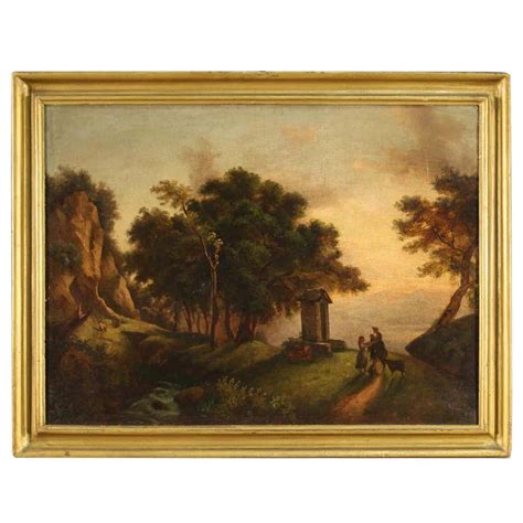 19th Century Oil On Canvas Italian Painting Landscape With Characters
