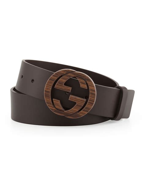 Gucci Wood Interlocking G Buckle Leather Belt Brown