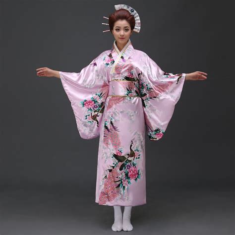 Pink Traditional Japanese Womens Satin Kimono Bath Gown Yukata With