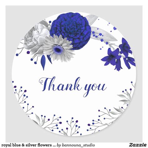 Royal Blue Flowers Silver Flowers Thank You Stickers Thank You Cards