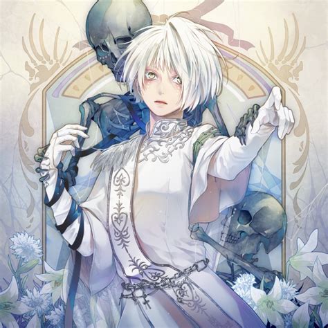 Download 2560x1700 Anime Boy Skeleton White Hair Gloves Flowers Wallpapers For Chromebook