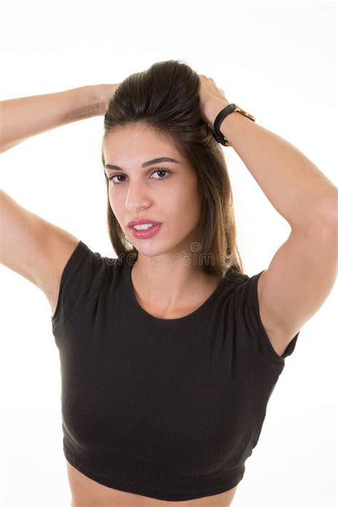 Beautiful Brunette Girl Touching Hair And Smiling On White Background Stock Image Image Of