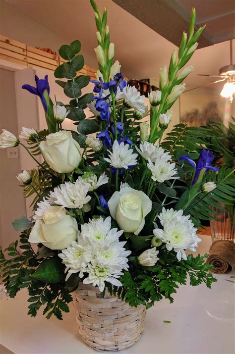 Blue And White Basket Flora Funeral Flowers Are Happy