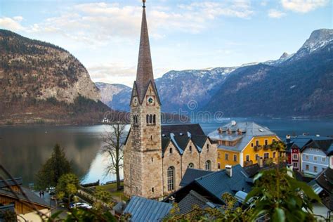 Hallstatt In Austria Alps Lutheran Church And Hotel Hallstätter Lake