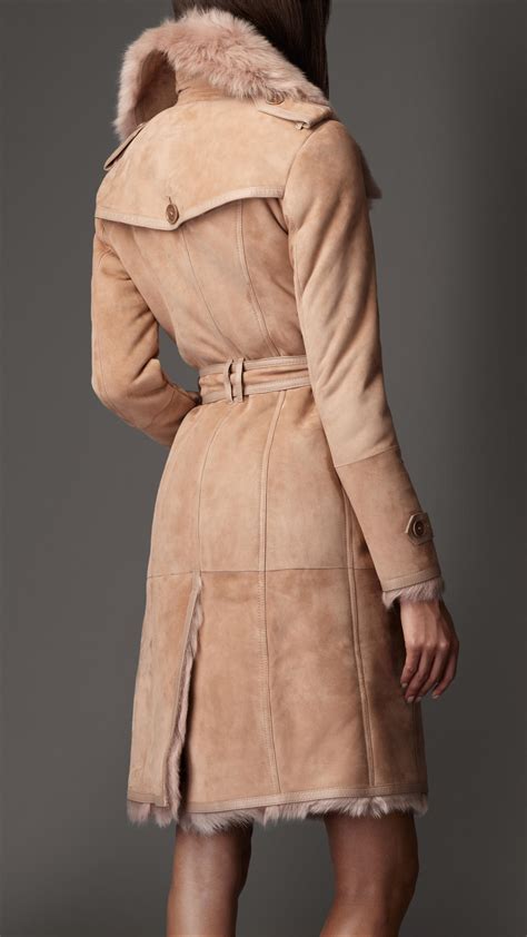 Burberry Long Shearling Trench Coat In Nude Natural Lyst