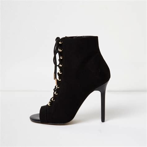 River Island Black Open Toe Lace Up Heeled Boots Lyst Uk