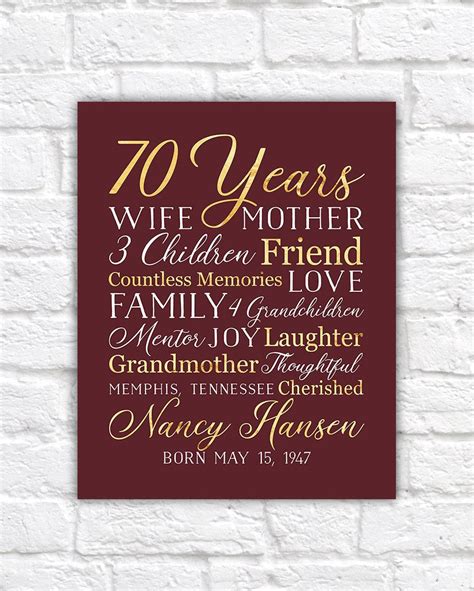 Meaningful 70th birthday gifts for mom. 70th Birthday Gift for Mom Grandma 70 Year OId Born 1947