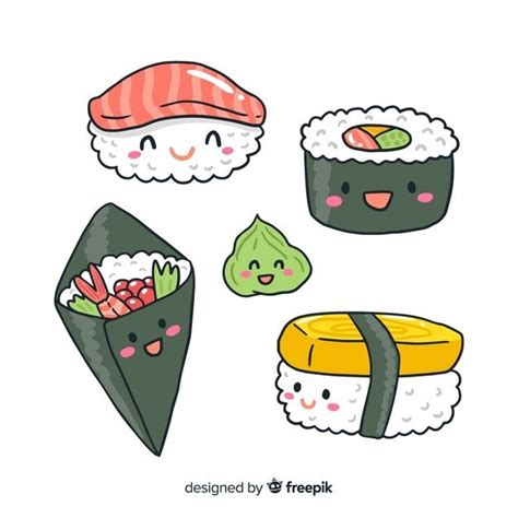 Free Vector Hand Drawn Kawaii Sushi Collection Doodles Kawaii