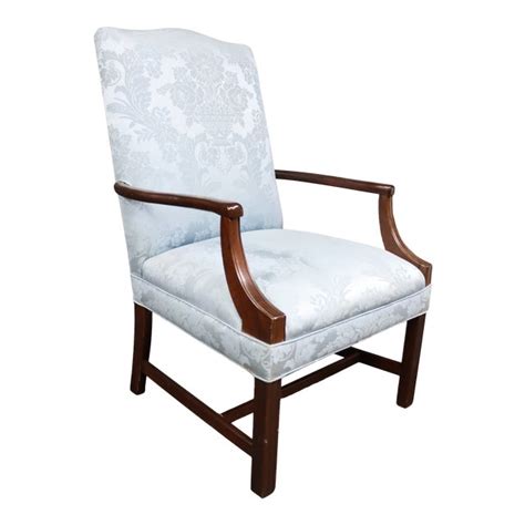 Chippendale Style Mahogany Blue Damask Library Chair Chairish