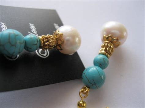 White 11 Mm Pearl Double Turquoise Gemstone Hallmarked Gold