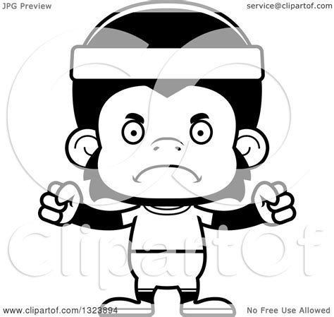 Lineart Clipart Of A Cartoon Black And White Mad Fitness Chimpanzee