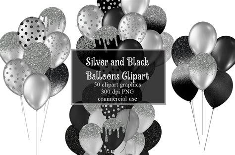 Black And Silver Balloons Clipart Glitter Balloon Png Digital Etsy