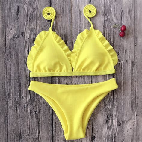 women bandage bikini set 2017 new solid beach wear sexy swimsuit swimwear preppy ruffles