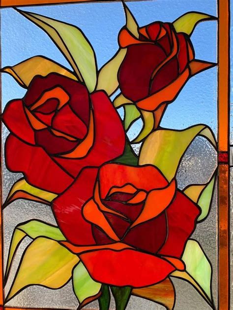 Red Roses Stained Glass Panel Stained Glass Window Hanging Etsy Stained Glass Flowers