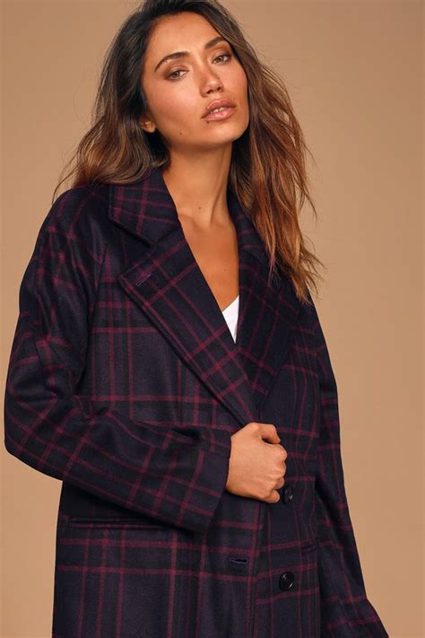 Cute Dark Purple Plaid Coat Wool Coat Long Coat Pea Coat Lulus