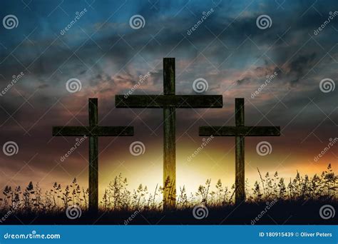 Three Wooden Crosses At Sunset Stock Image Image Of Faith Holy