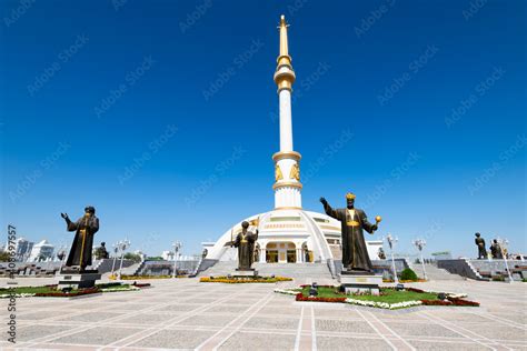 Independence Monument In Ashgabat Turkmenistan With Bronze Statues In