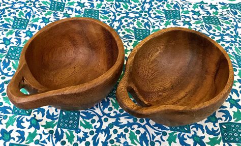 Vintage Wood Bowls With Handle Handmade Wooden Bowls Serving Etsy