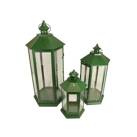 Set Of 3 Green Traditional Style Pillar Candle Holder Lanterns 27