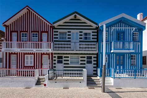 Colorfully Striped Houses At Costa Nova Portugal Stock Photo Image