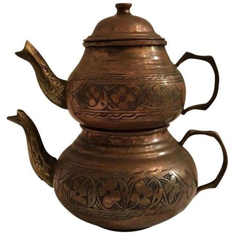 Turkish Cast Brass And Hand Sponged Copper Tea Pots A Pair 125 Liked On Polyvore Featuring