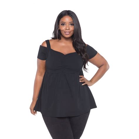 Black Empire Waist Shirred Plus Size Cold Shoulder Dressy Tops For