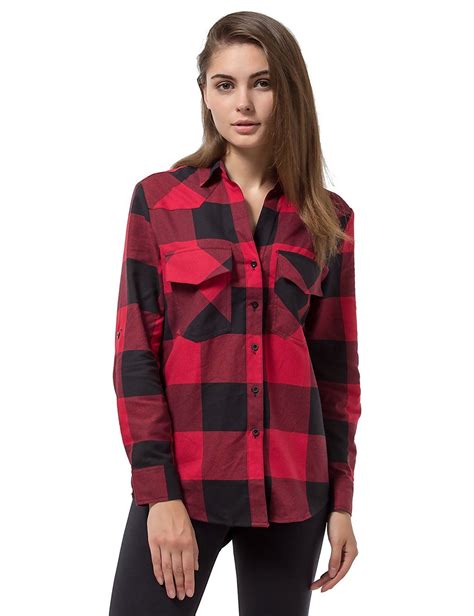Womens Plaid Flannel Shirt Red And Black Checkered Long Sleeve Cotton