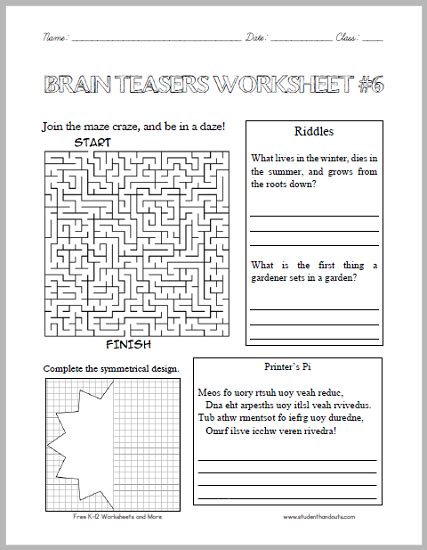 It's important to keep in mind that there are a variety of factors that can cause memory problems, from stress and. Brain Teasers Worksheet #6 - Here is a fun handout full of ...