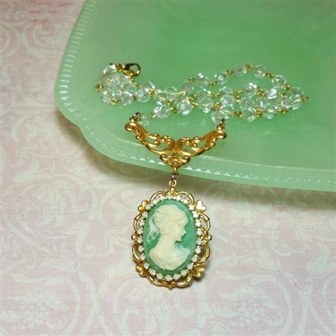 Green Cameo Necklace Victorian Necklace Green Jewelry Etsy