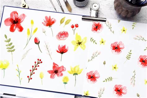 Red And Yellow Free Watercolor Flowers Clipart Fox Hazel