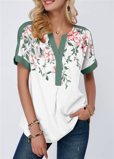 Notch Neck Floral Print Contrast Piping Blouse Trendy Tops For Women