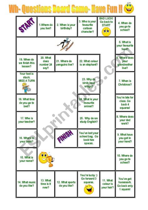Wh Questions Board Game - ESL worksheet by Spagman63