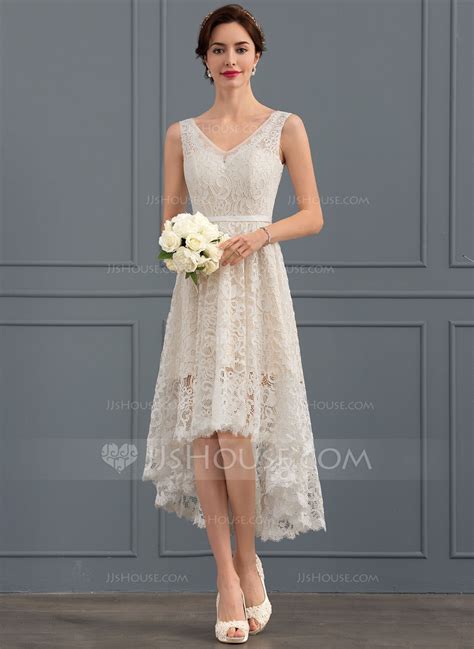 Us 15600 A Line V Neck Asymmetrical Lace Wedding Dress Jjs House Short Wedding Dress