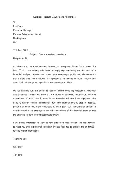 Finance Cover Letter Templates At