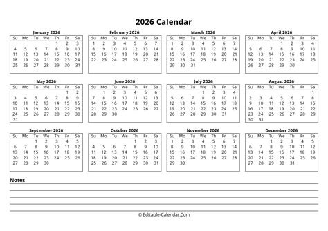 Download Editable 2026 Calendar With Notes Weeks Start On Sunday