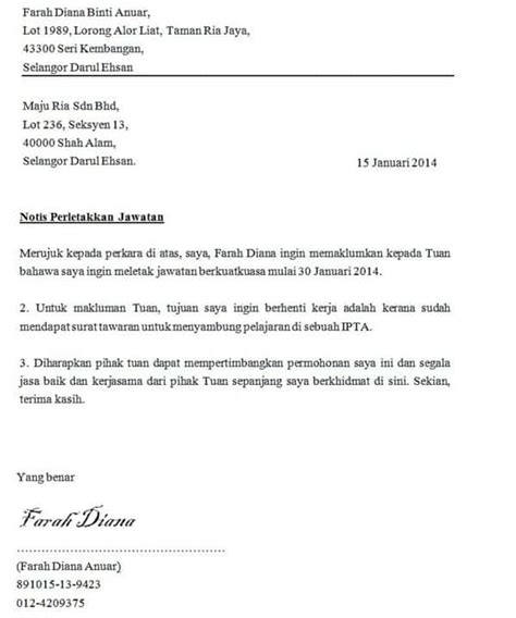 Surat berhenti kerja anda akan memudahkan peralihan selama dua minggu akan datang di tempat kerja, dan juga akan membantu anda mengekalkan hubungan positif dengan majikan anda walaupun selepas anda tidak lagi dengan syarikat. 24jam Contoh Surat Berhenti Kerja Simple