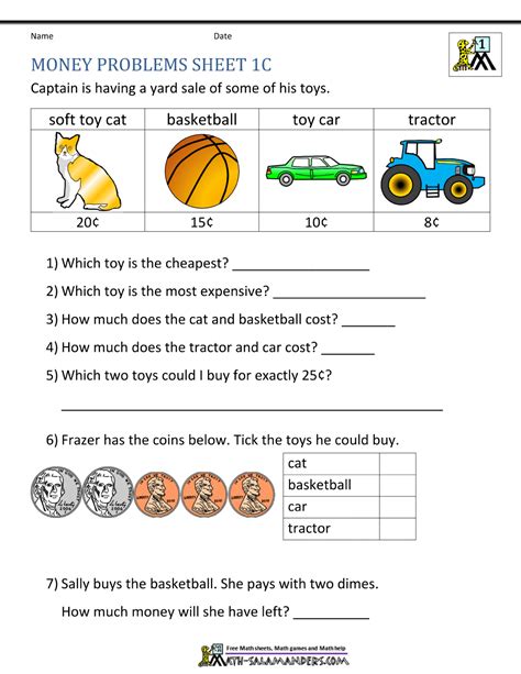 These problems can also be sent home as homework or as an added practice sheet. Money Worksheets for First Grade
