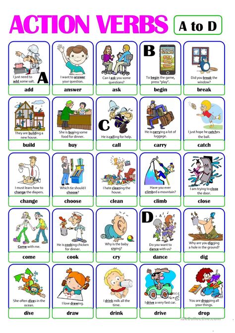 One Click Print Document Action Verbs Worksheet Action Verbs Verb Words