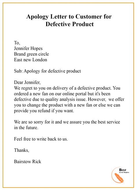 Apology Letter Template To Customer Format Sample And Example