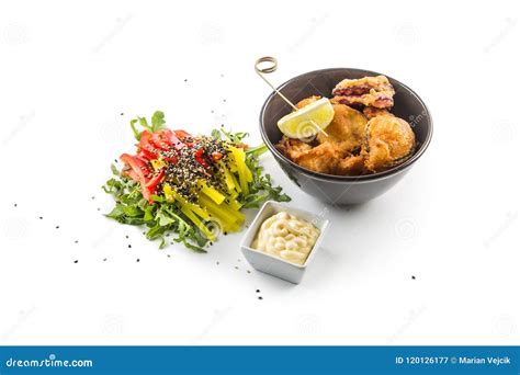 Fried Vegetable Pieces With Sauce And Vegetable Salad Stock Image