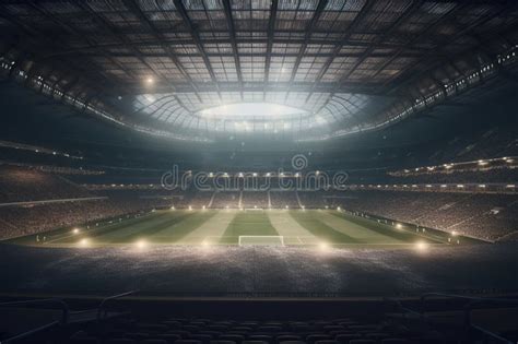 Empty Football Stadium With Lights At Night Generative Ai Stock Photo