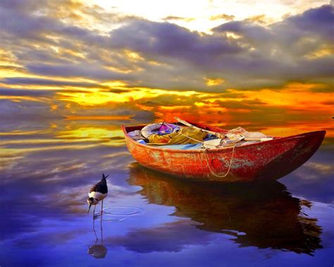 Boat Ocean Sunset Horizon Colorful Sky Clouds Wallpaper Hd