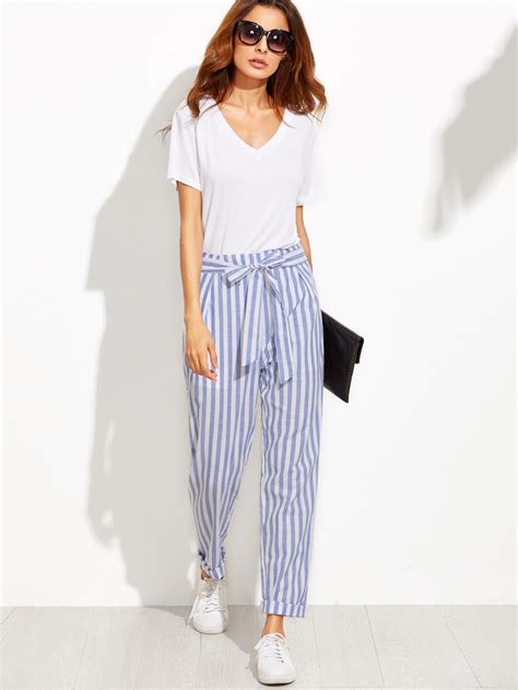 Blue Vertical Striped Belted Tapered Pants Sheinsheinside
