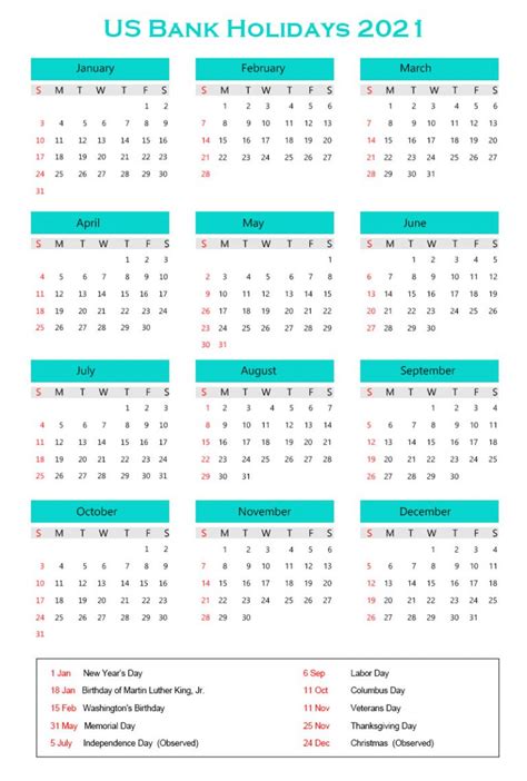 Printable Yearly Calendar With Us Bank Holidays 2021
