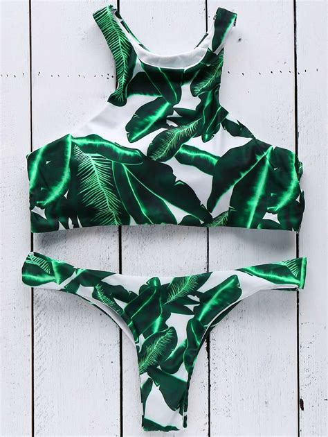 Leaves Print Round Neck Bikini Set GREEN Affiliate Neck Print