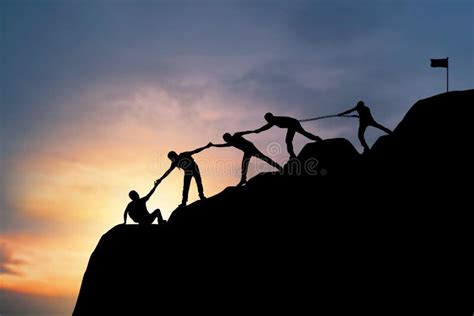 Help And Success Silhouette Concept Team Of People Hiking To Top Of