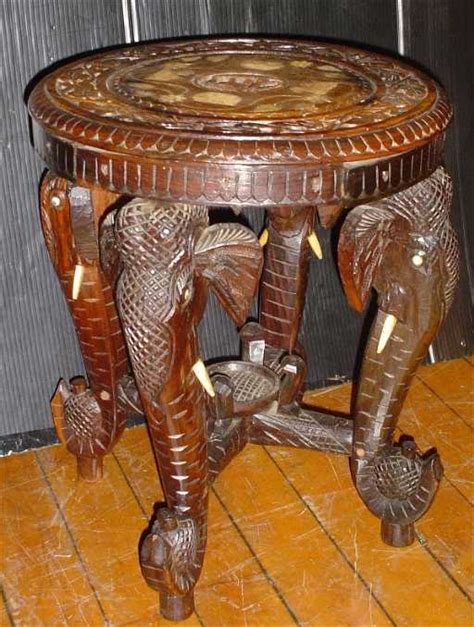 81 Carved Wood Elephant Table Wivory Inlay 15790